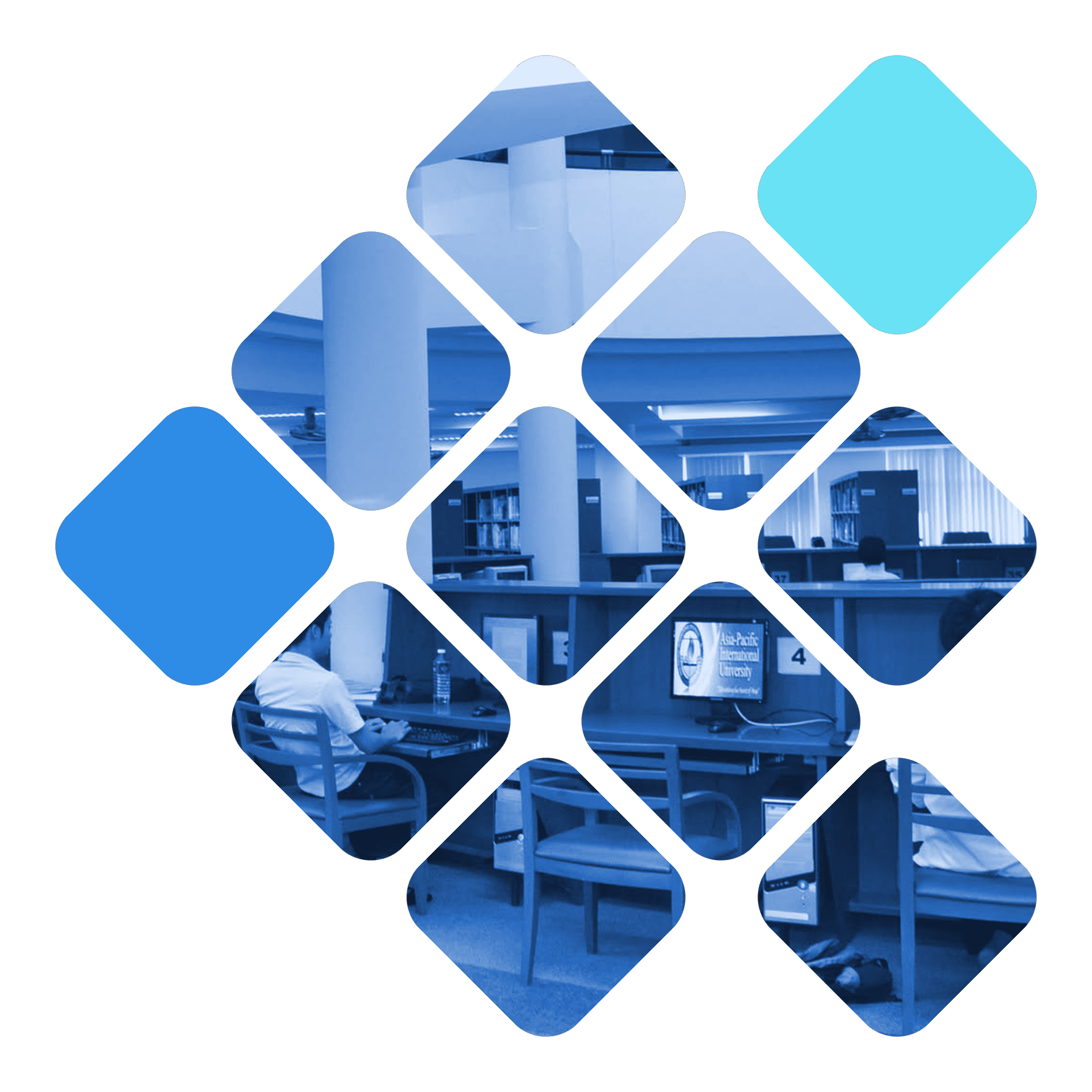 AIU library computer area seen through a diamond tile pattern