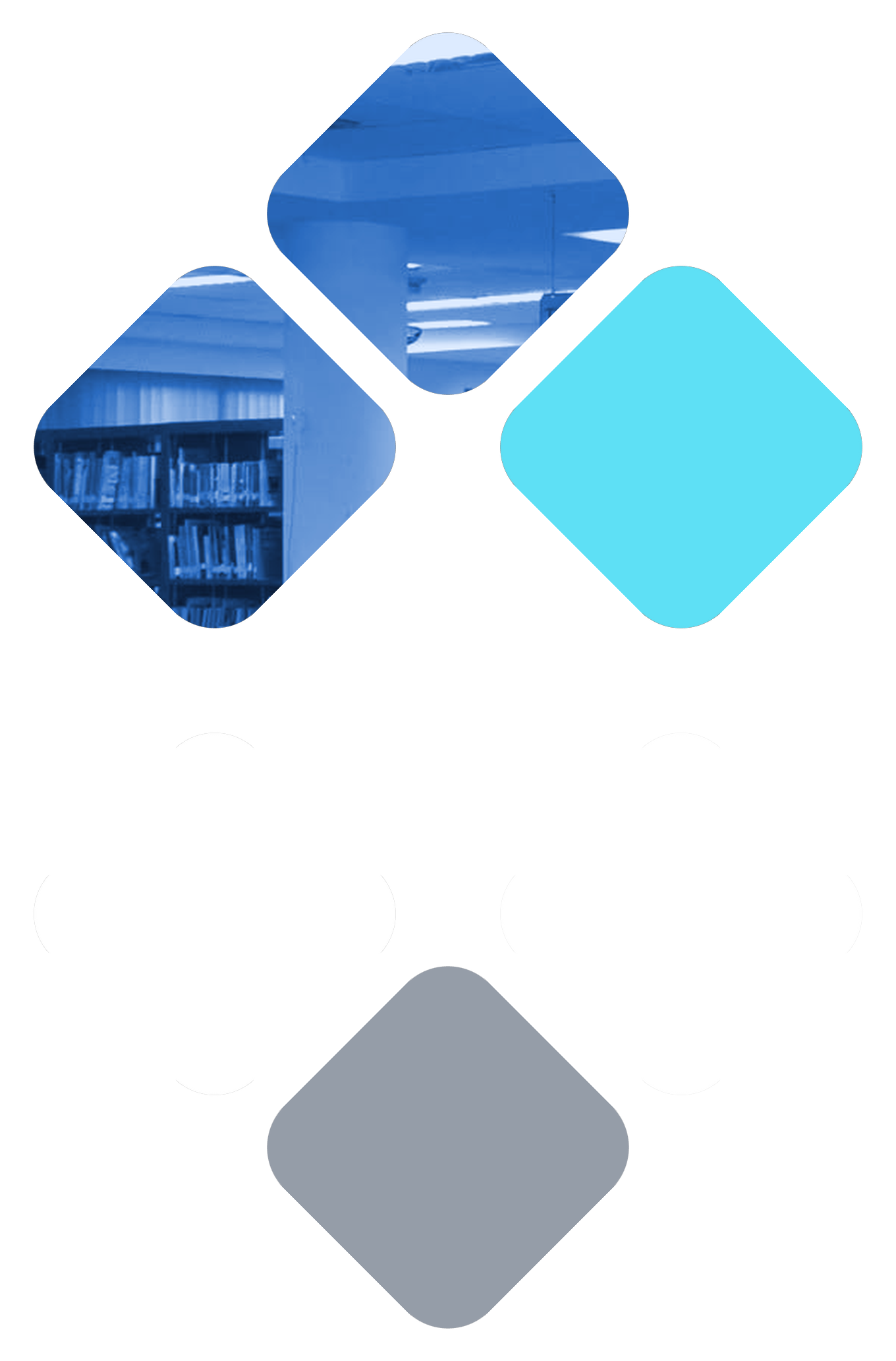 AIU library bookshelves seen through a diamond tile pattern